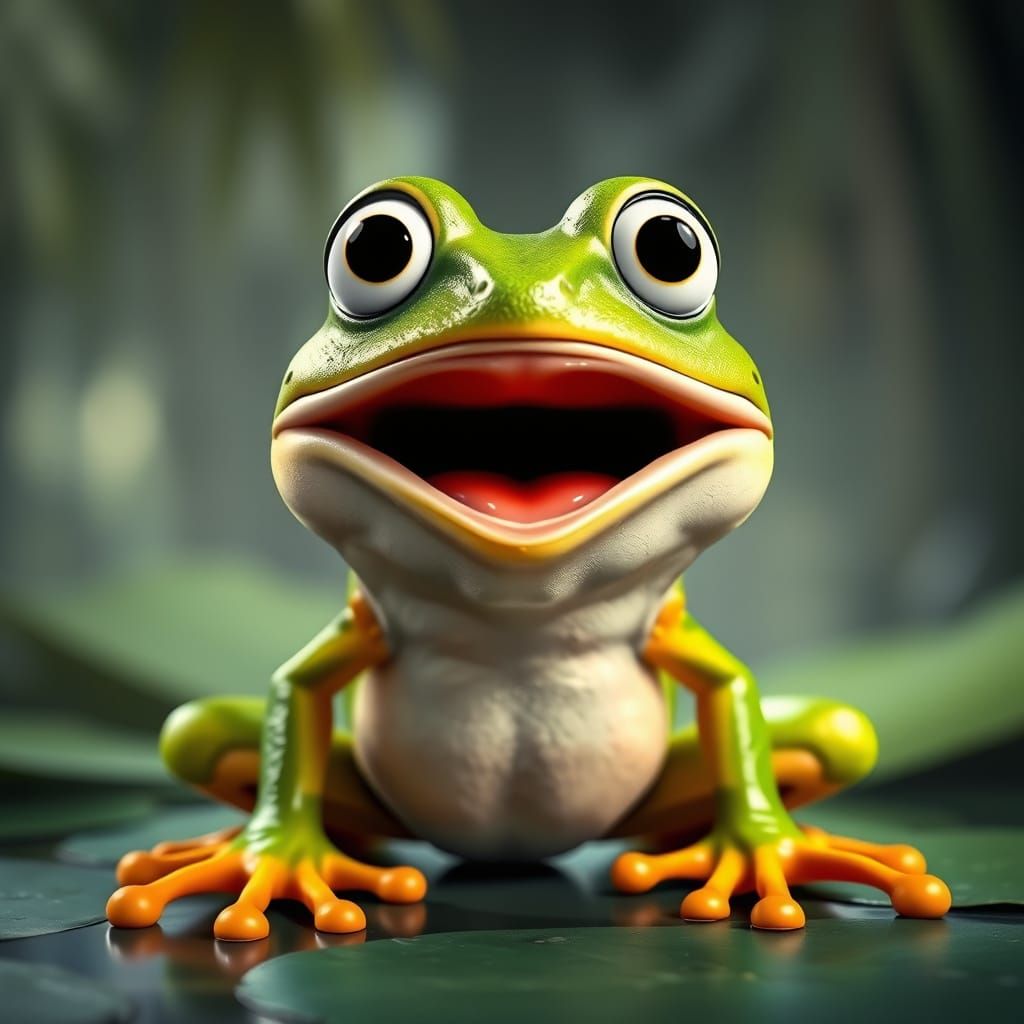 Hyper-Realistic Cartoon Frog with Surprised Expression