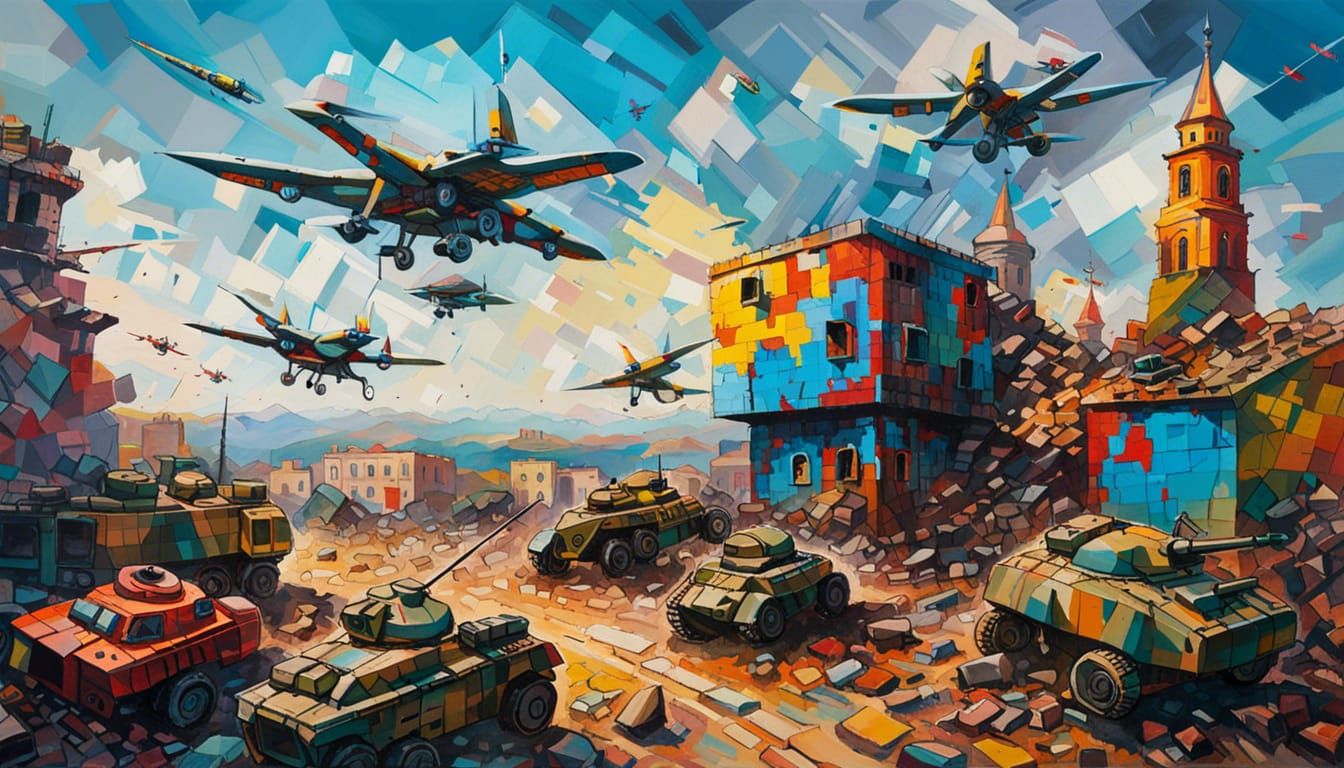 Dystopian Air Defense Clash in Futuristic Cubist Style