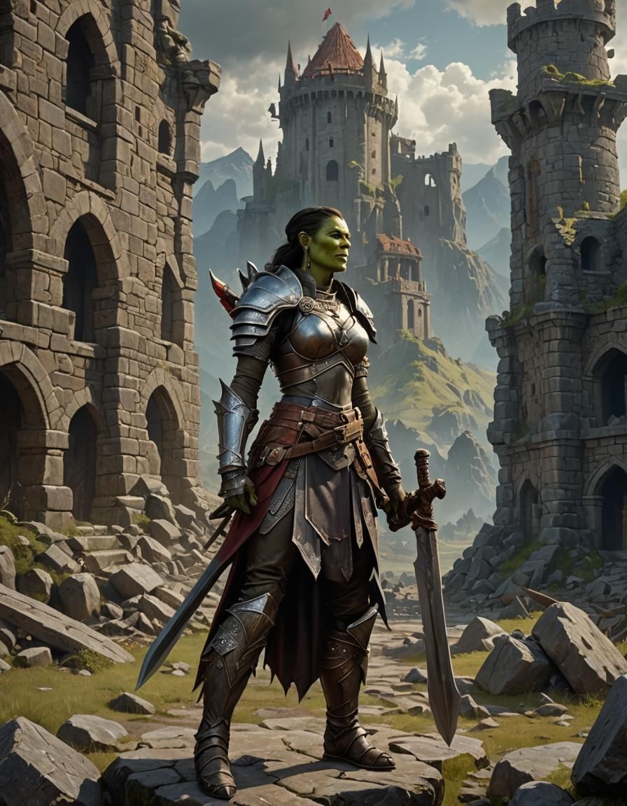 Female Orc Warrior Portrait in Digital Painting Style