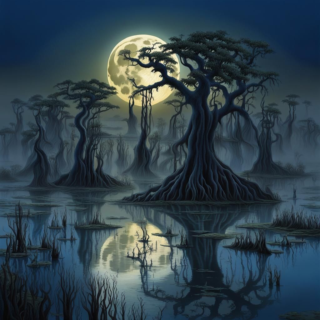 Ethereal Moonlight Over Misty Wetlands in Dreamlike Style
