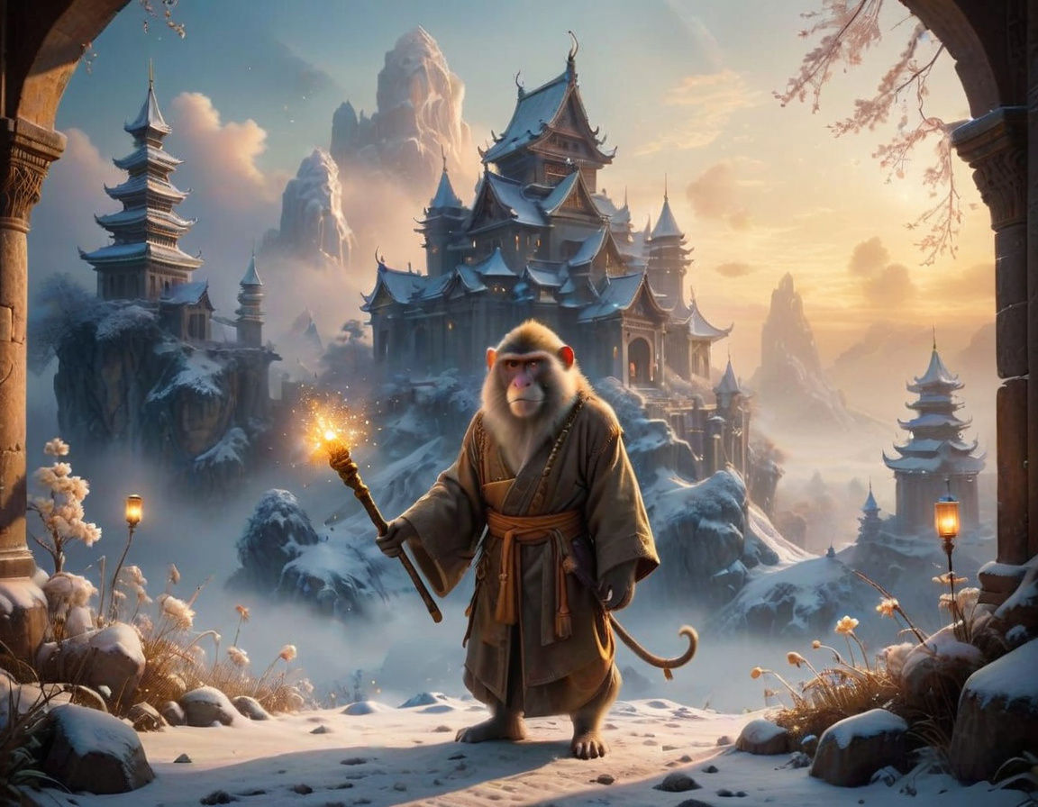 Ethereal Ice Castle Scene with Buddhist Monk Macaque