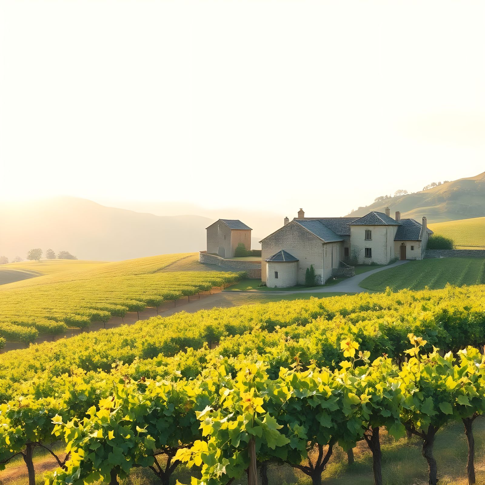 Impressionist Watercolor Vineyard Scene