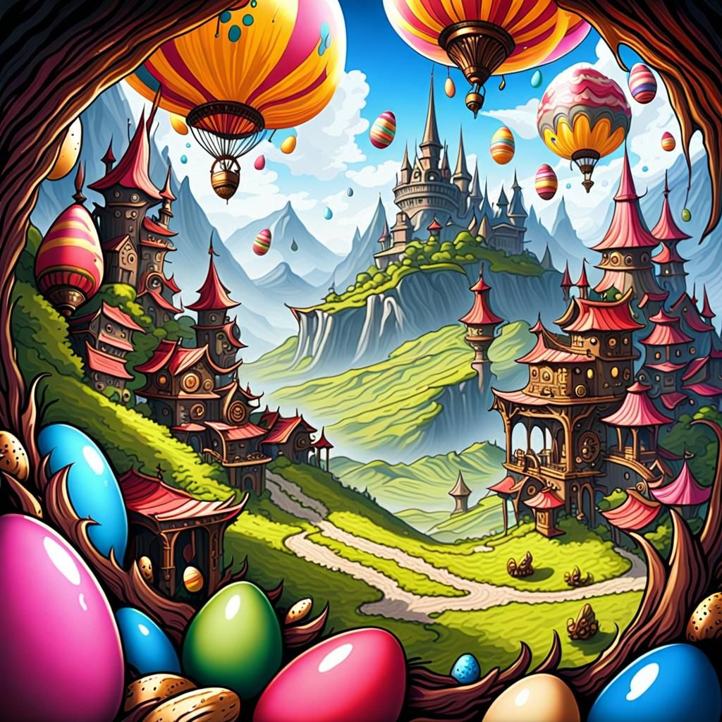 Steampunk Easter Eggs Delivered by Bunnies: Detailed Matte P...