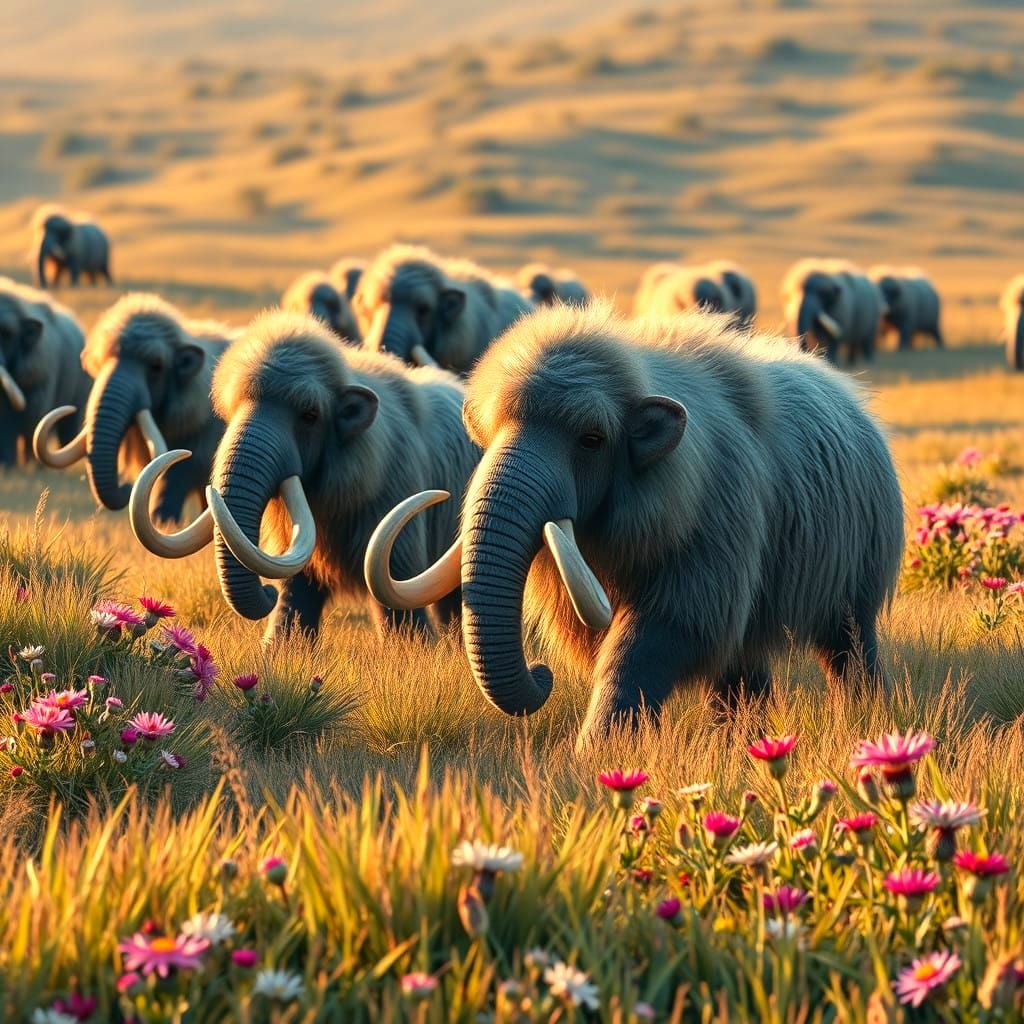 Realistic Woolly Mammoths Roam Tundra Landscape