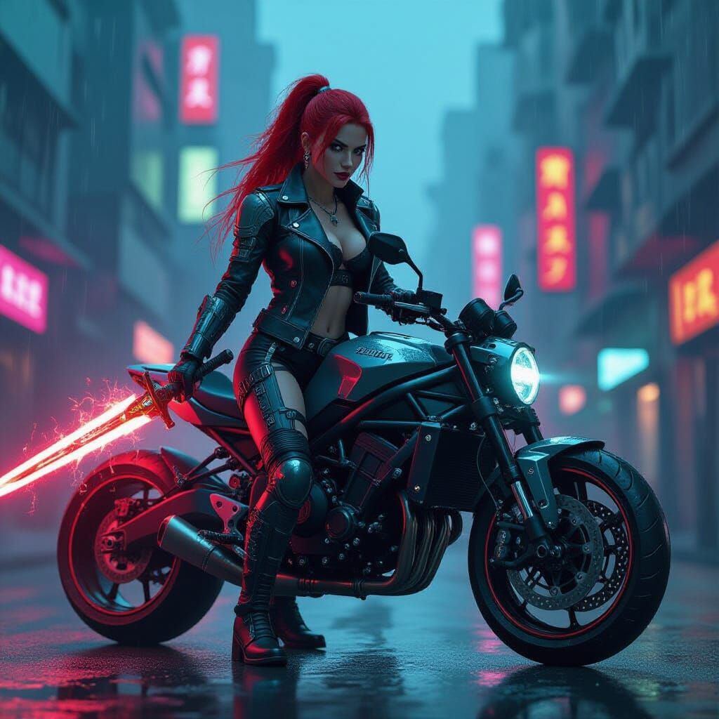 Cybernetic Celtic Warrior Queen in Cyberpunk City