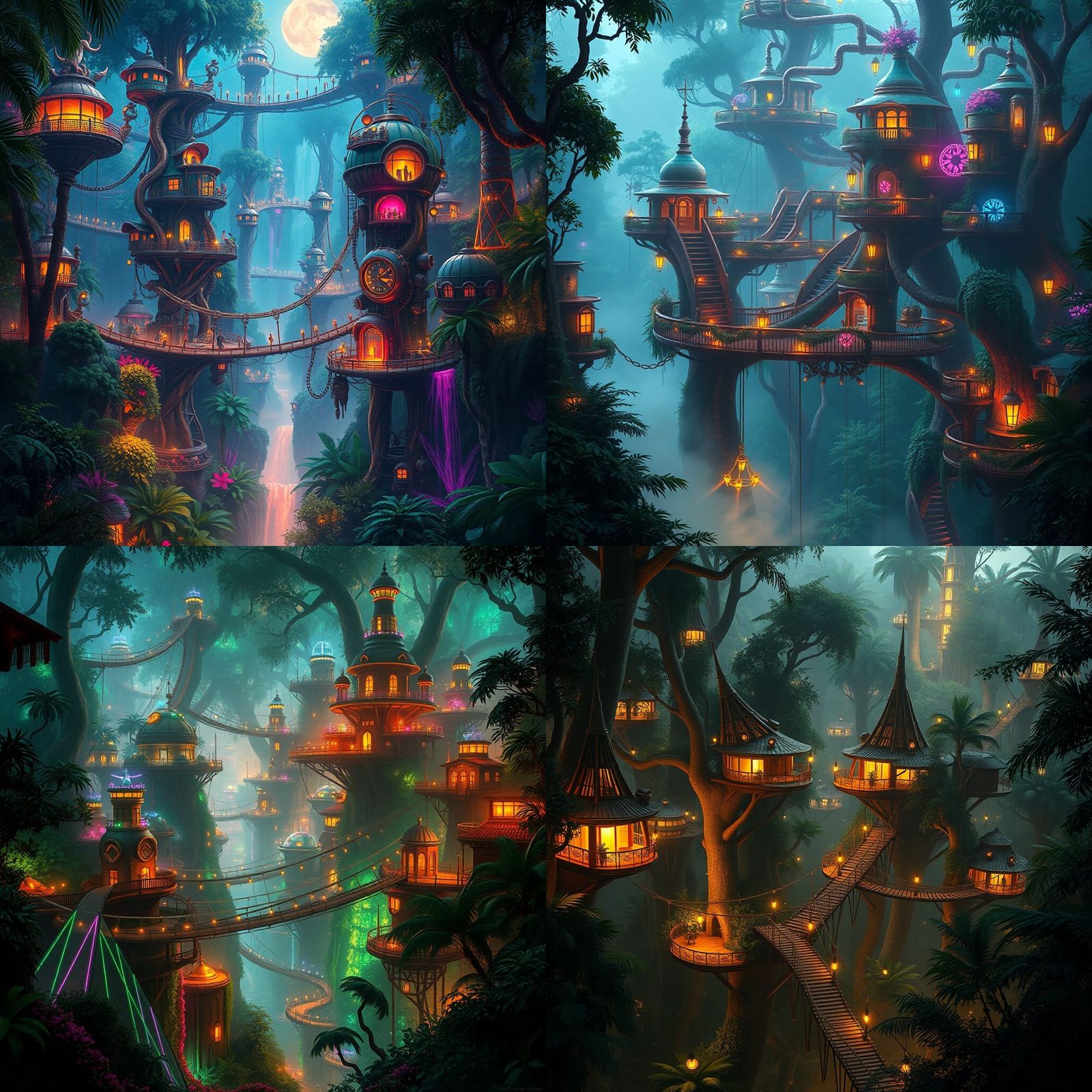 Futuristic Rainforest City with Bioluminescent Lighting