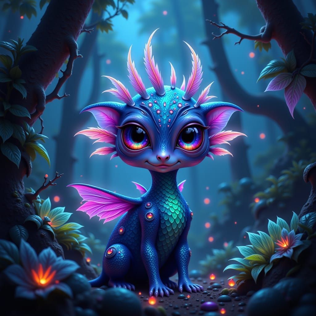 Fantastical Creature in Bioluminescent Forest Digital Painti...