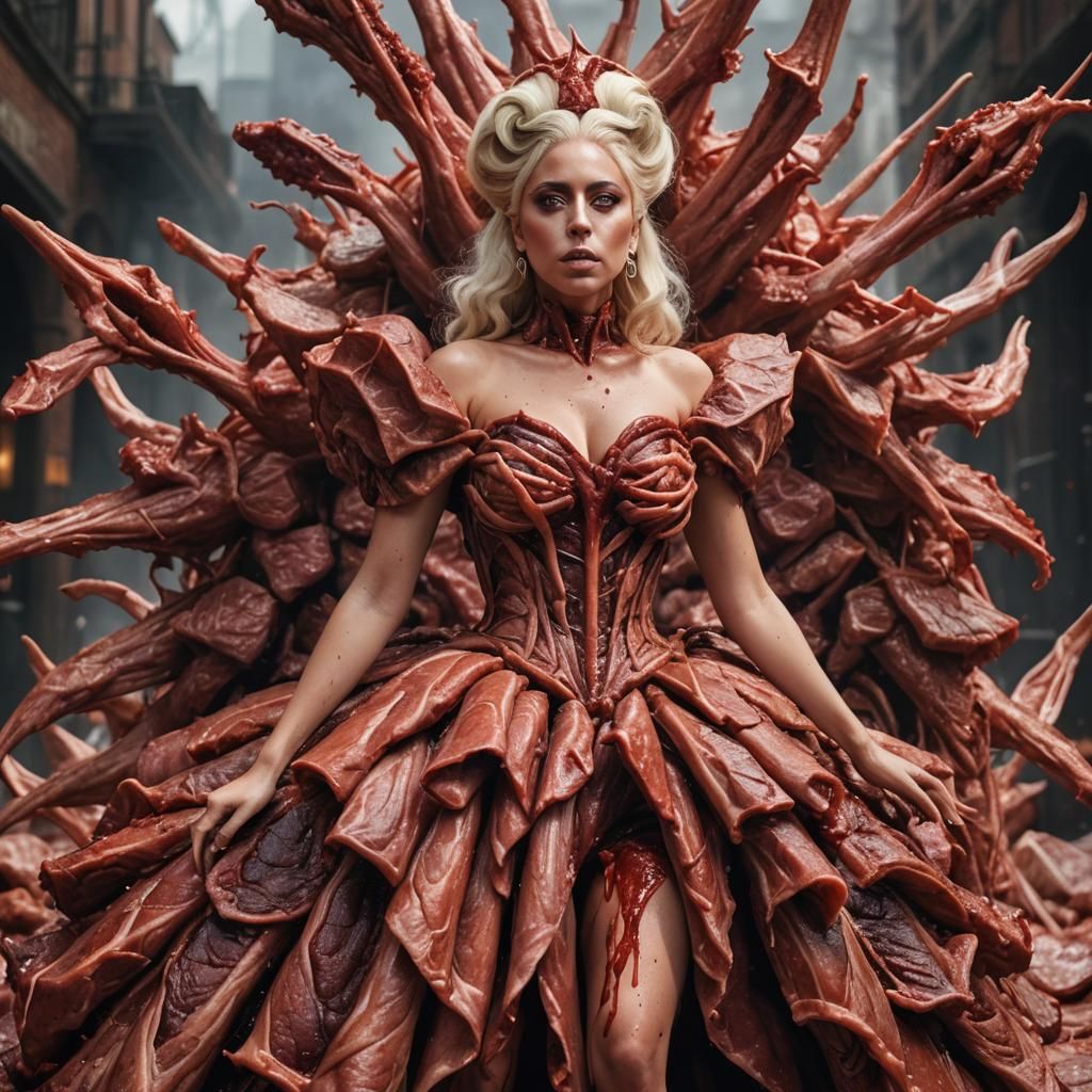 Lady Gaga wearing meat dress