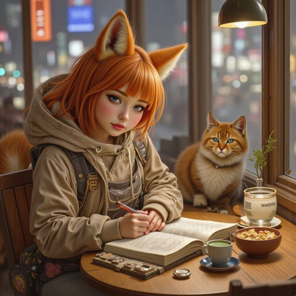 Fox Girl Studies at Tokyo Cat Cafe in Photorealistic Style