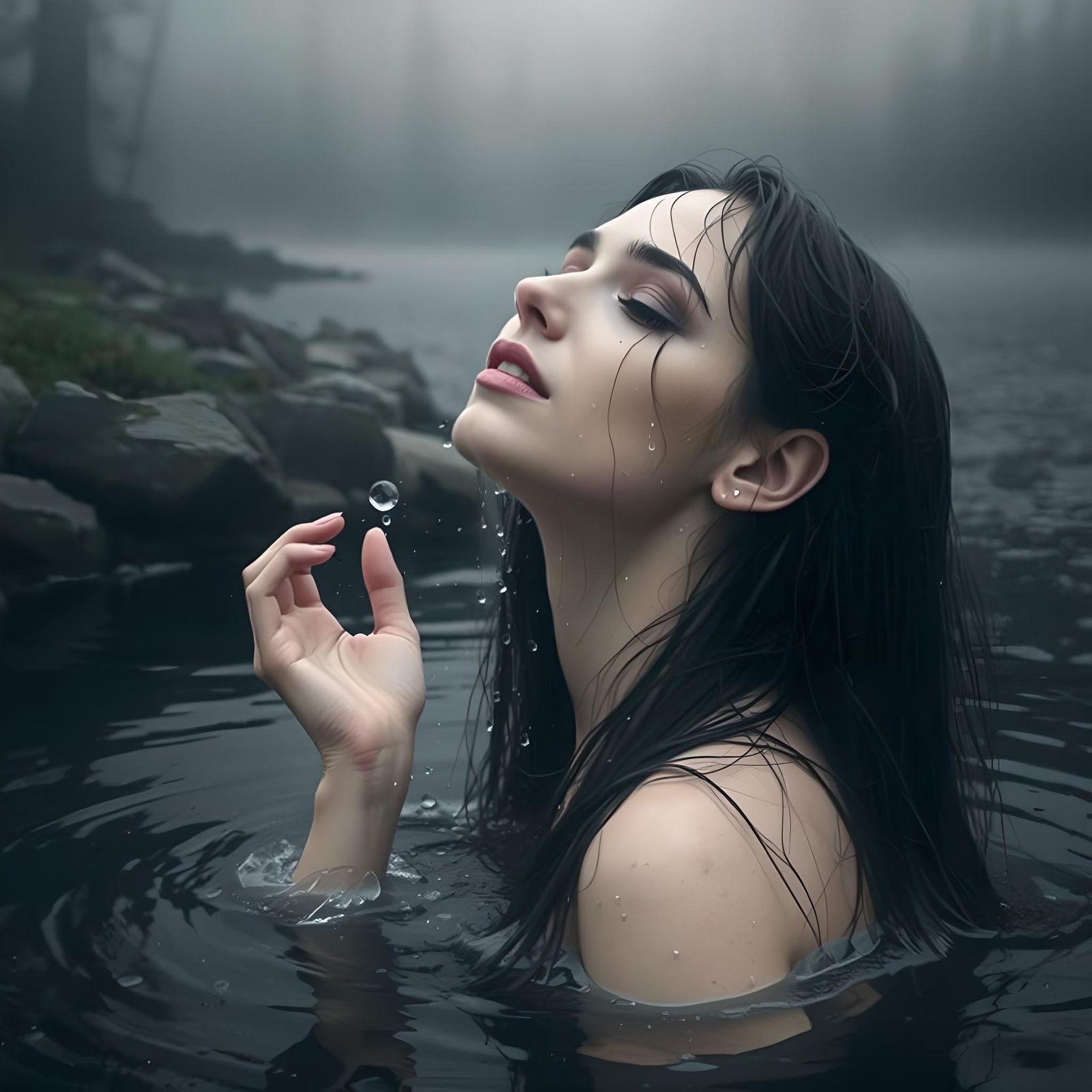 Eerie Portrait of Woman Kneeling by Water