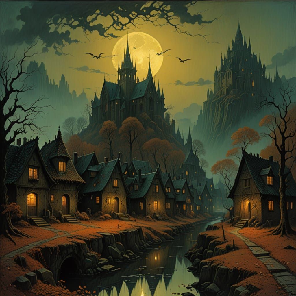 Eerie Autumn Village Under Twilight Sky