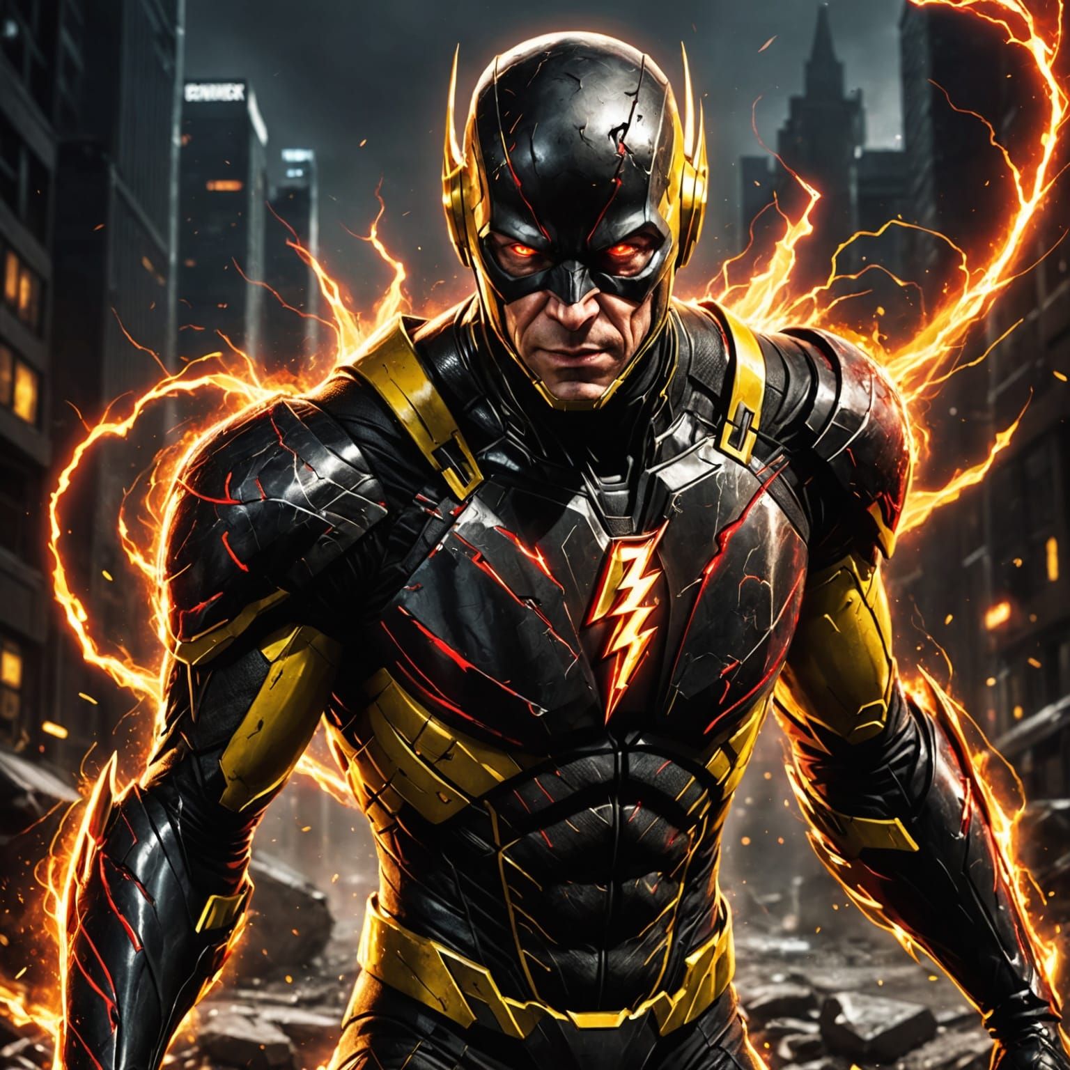 Cyberpunk Hero with Red Skin and Shattered Armor