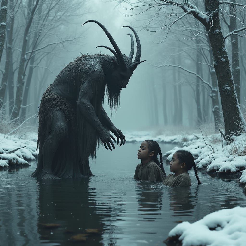 Krampus Baptizes People in Snowy River, Mystical Artwork