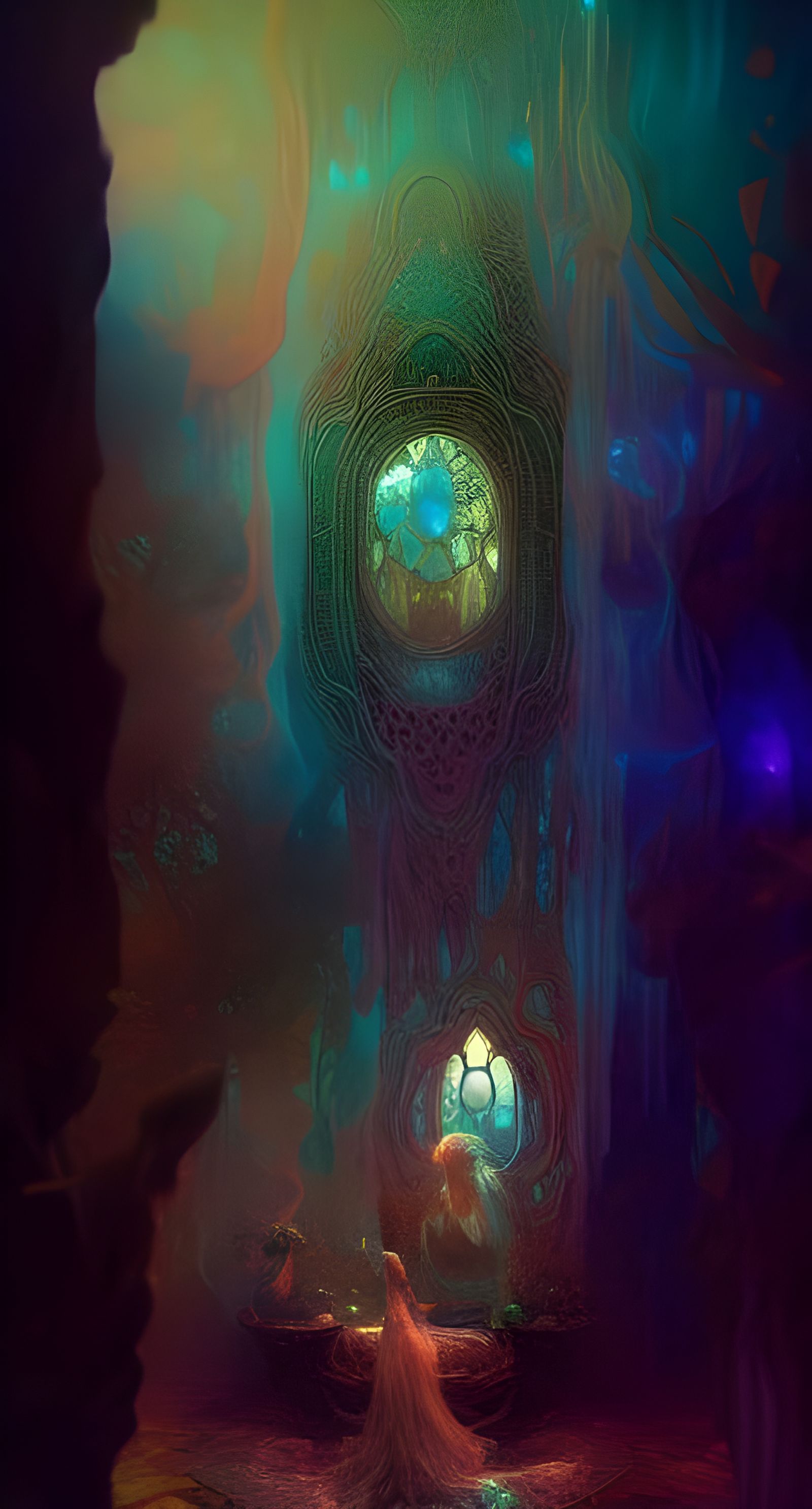Intricate Crystal House Interior with Iridescent Fractals