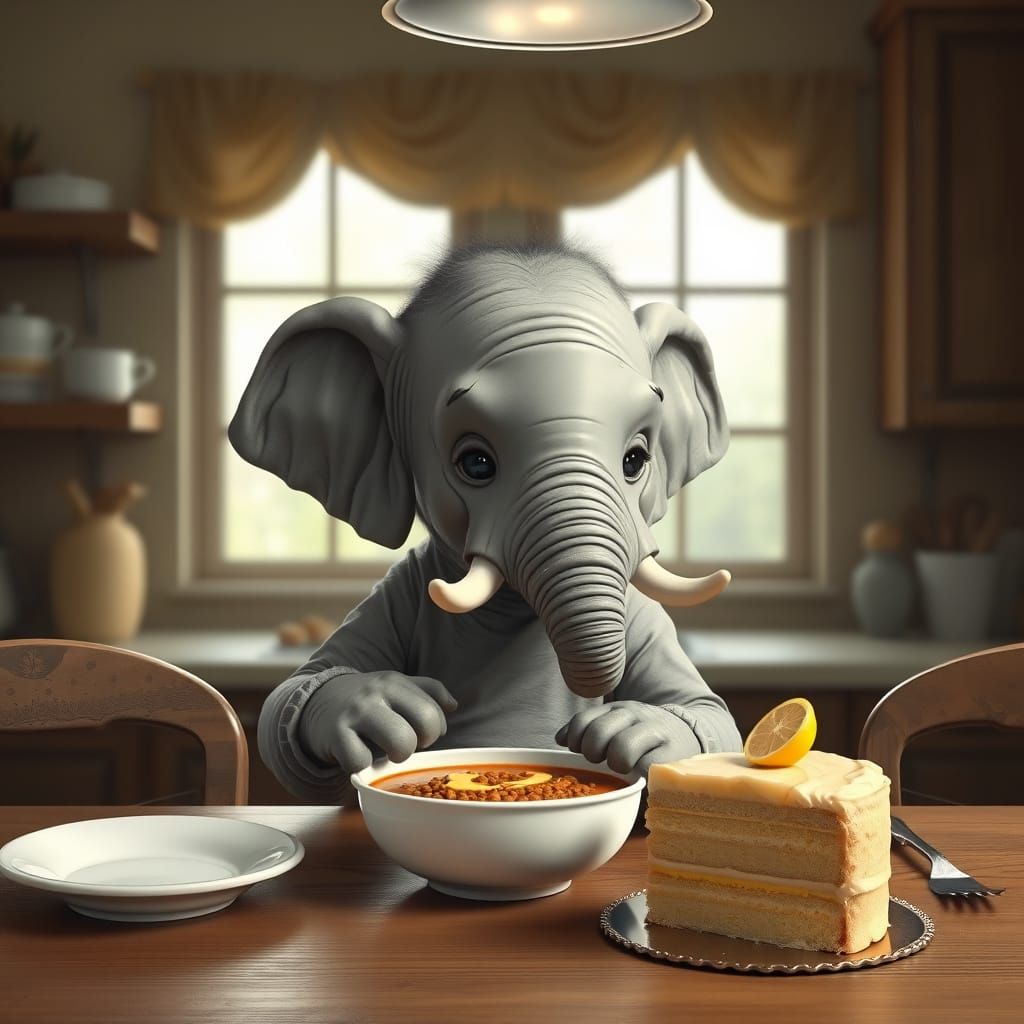 Adorable Elephant Toddler at Dinner Table, Playing with Lent...