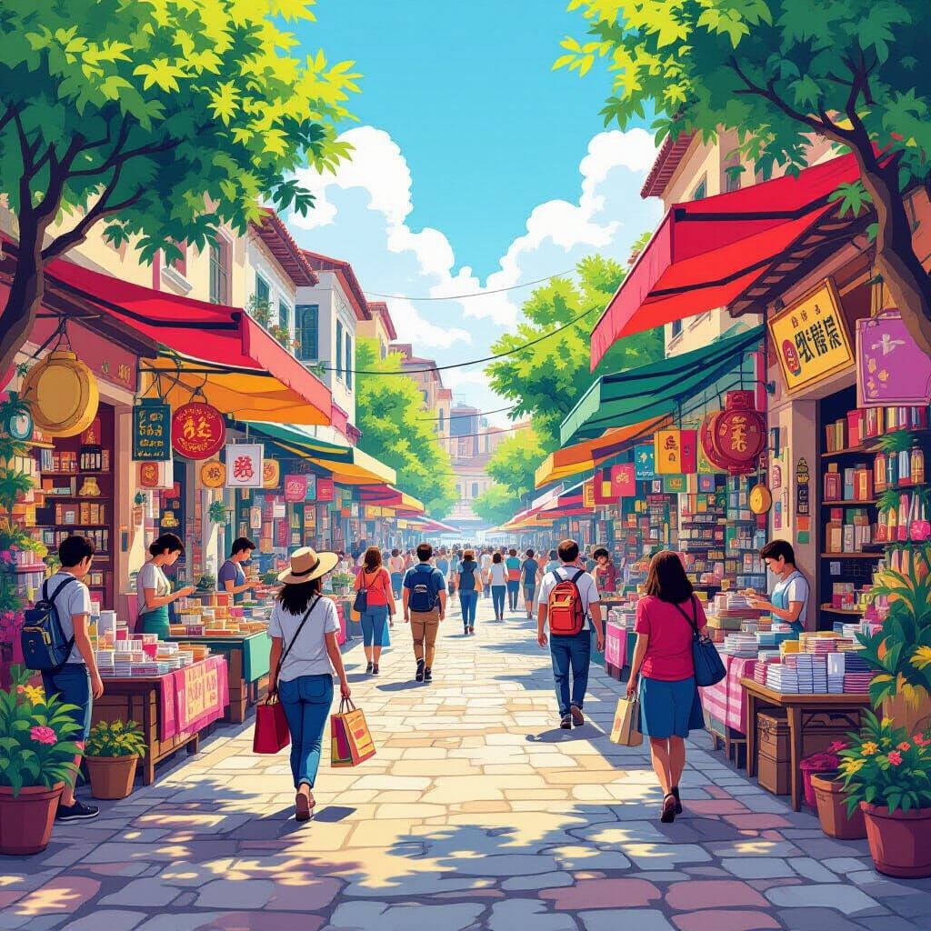 Vibrant Cartoon Marketplace Painting in 2D Style