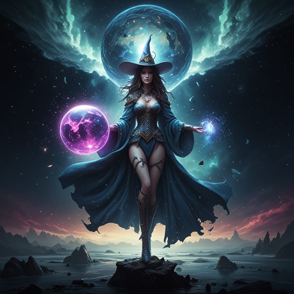 Whimsical Sorceress on Floating Island with Cosmic Nebula