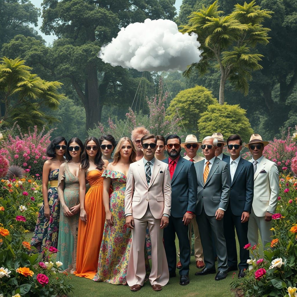Surreal Futuristic Gathering in a Lush Garden