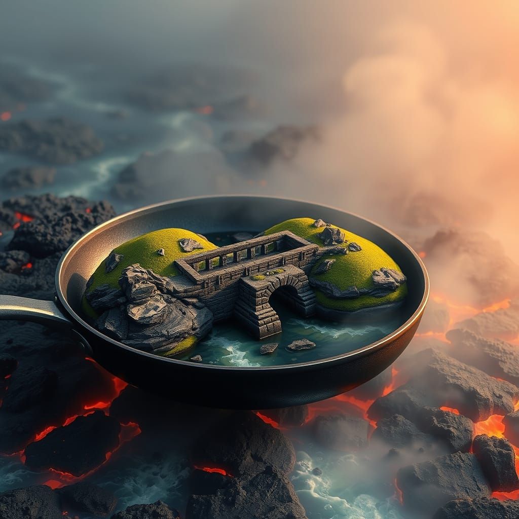 Miniature Landscape in Frying Pan on Lava, Digital Matte Pai...