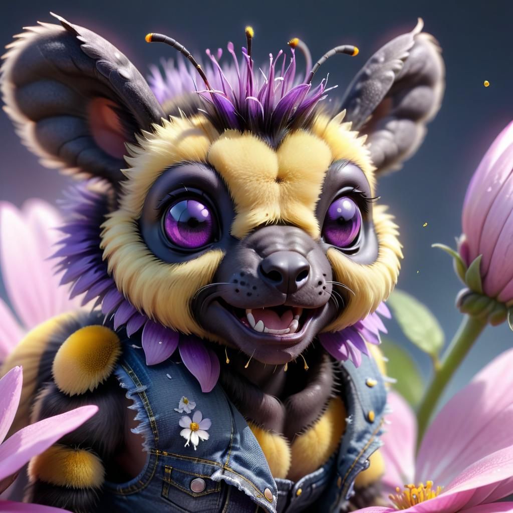 Macro Photo of Cute Bumblebee with Denim Vest