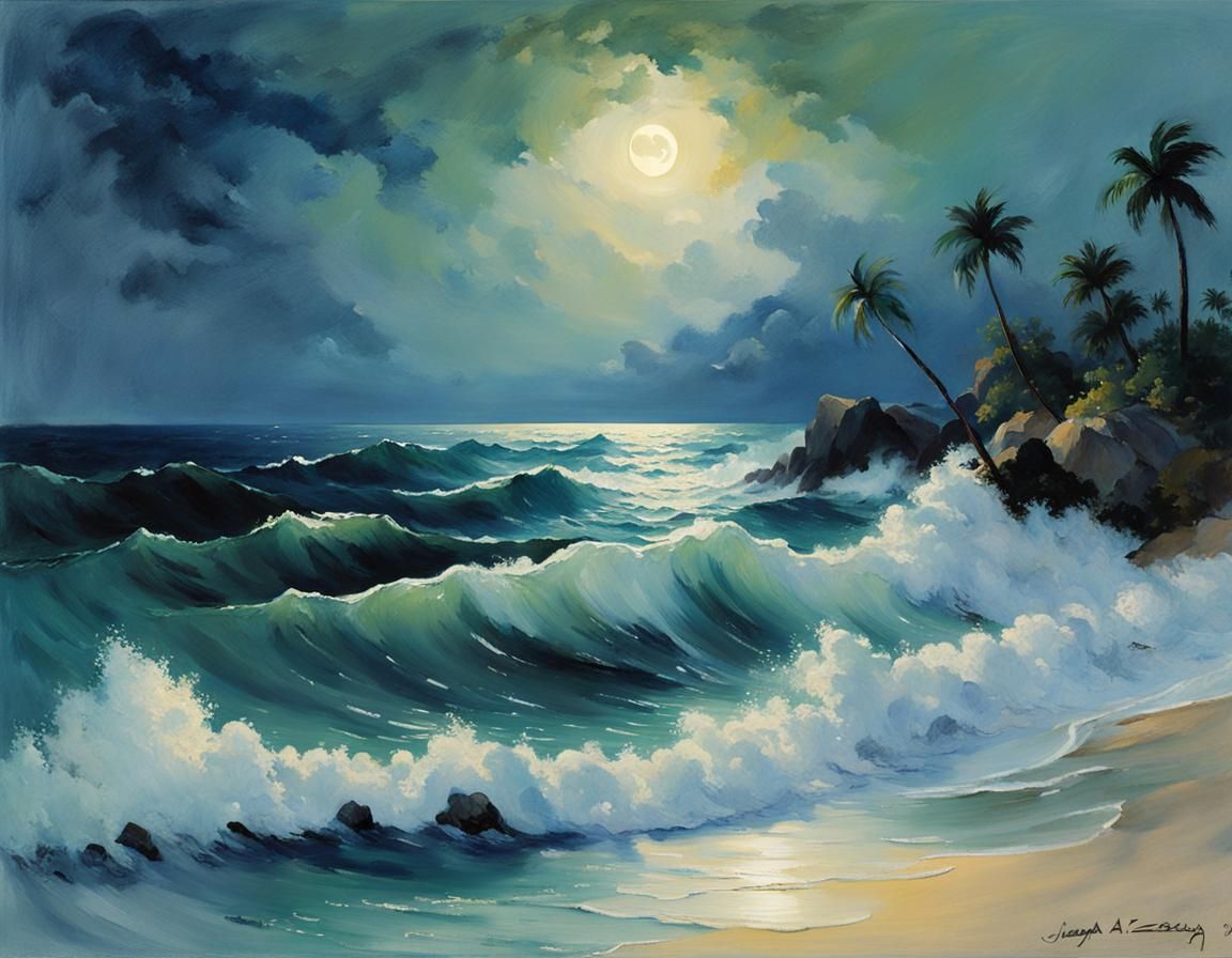 Moonlit Caribbean Ocean in Marine Art Style