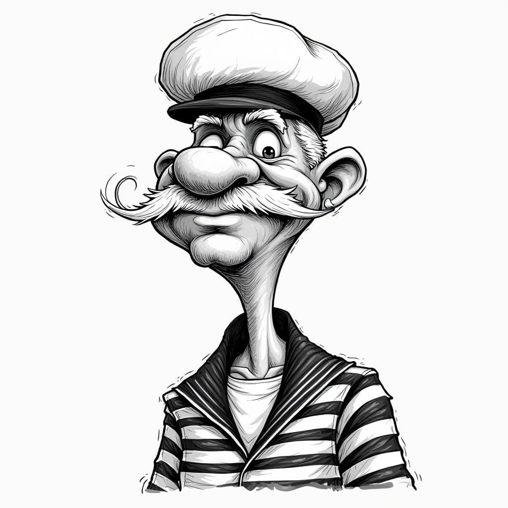 Caricature of a Cheerful Sailor Man with Ink Crosshatching