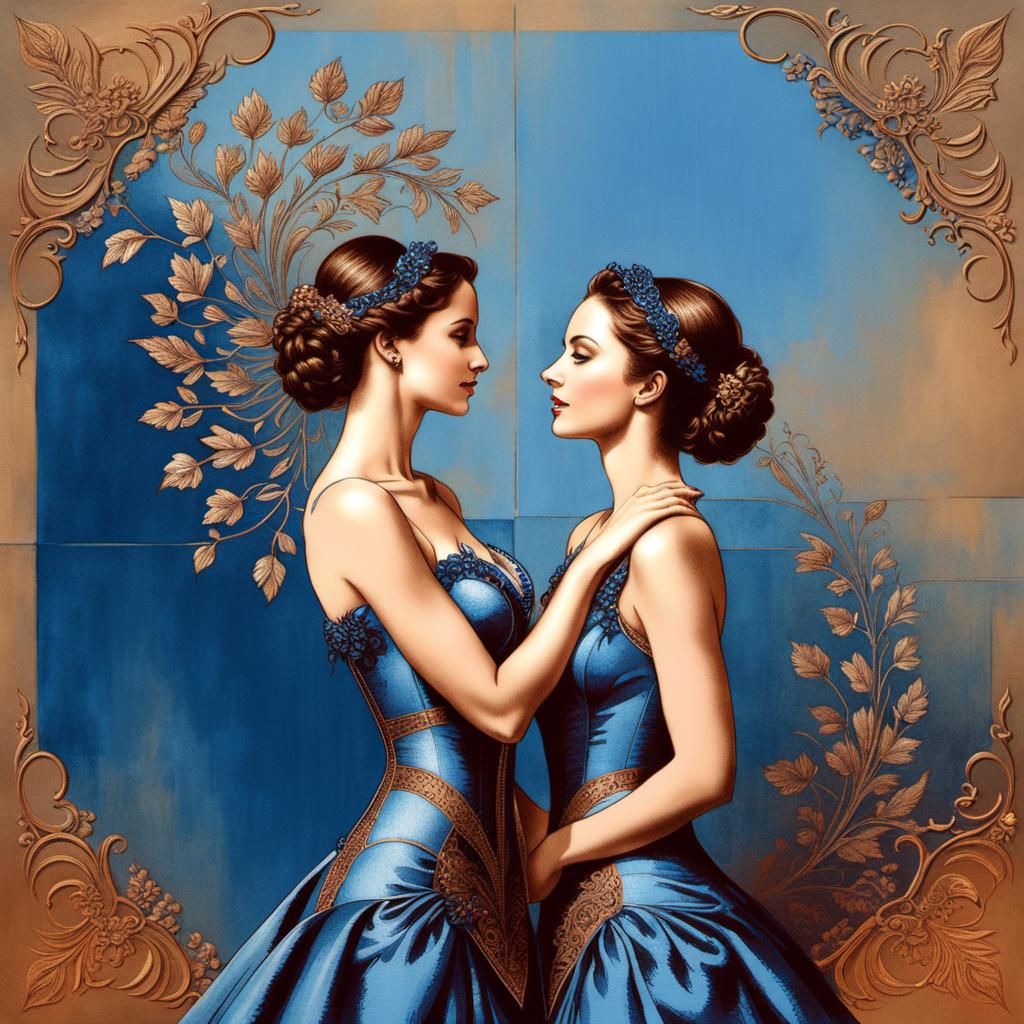 Two Women in Elaborate Blue Dresses