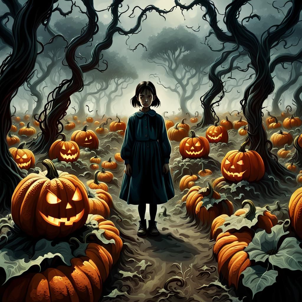 Eerie Halloween Scene with Twisted Pumpkins