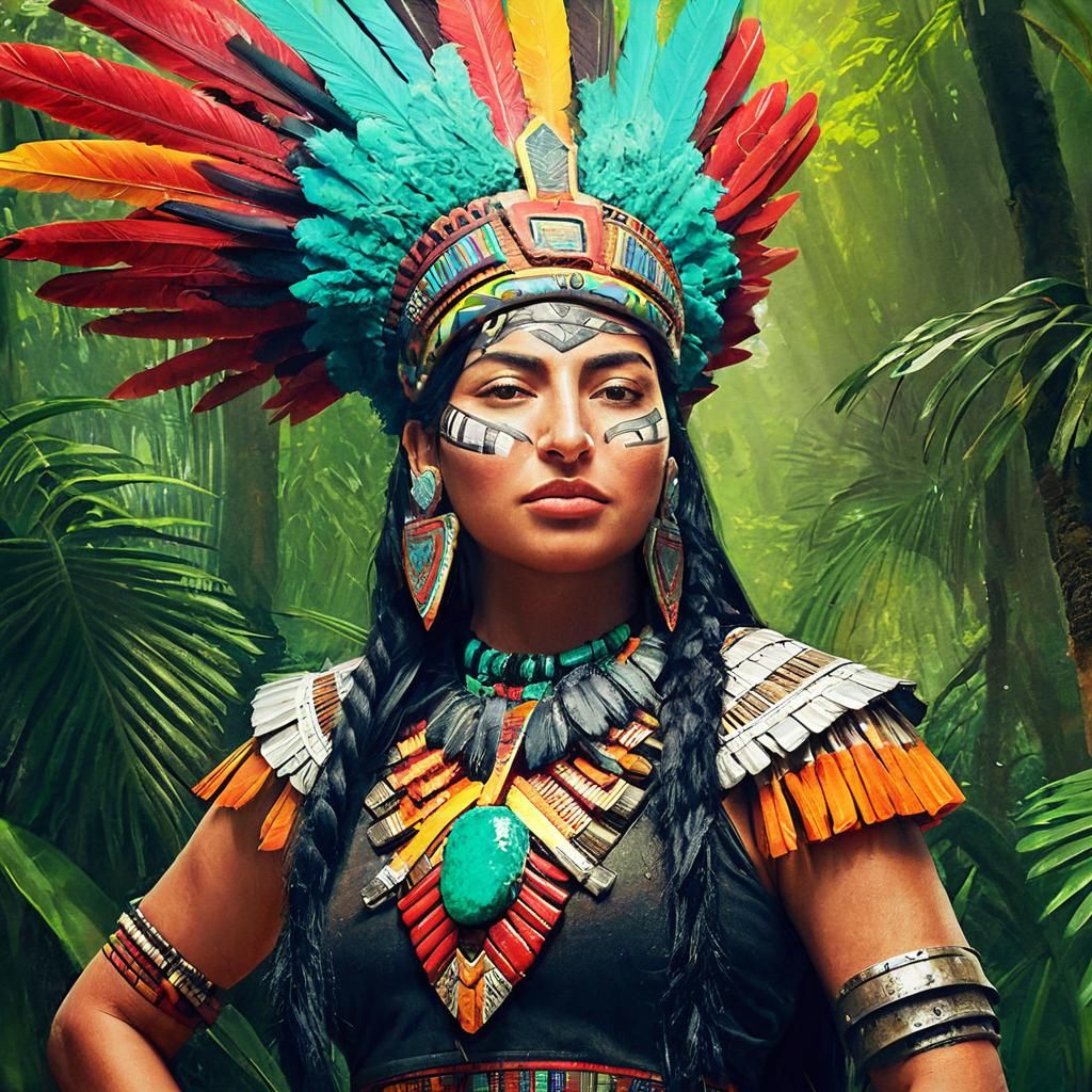 Aztec Woman Warrior in Mystical Jungle, Oil Painting