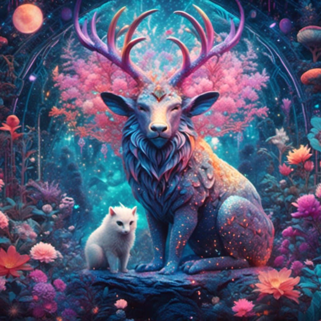 Magical Creatures in Holographic Cosmic Illustration