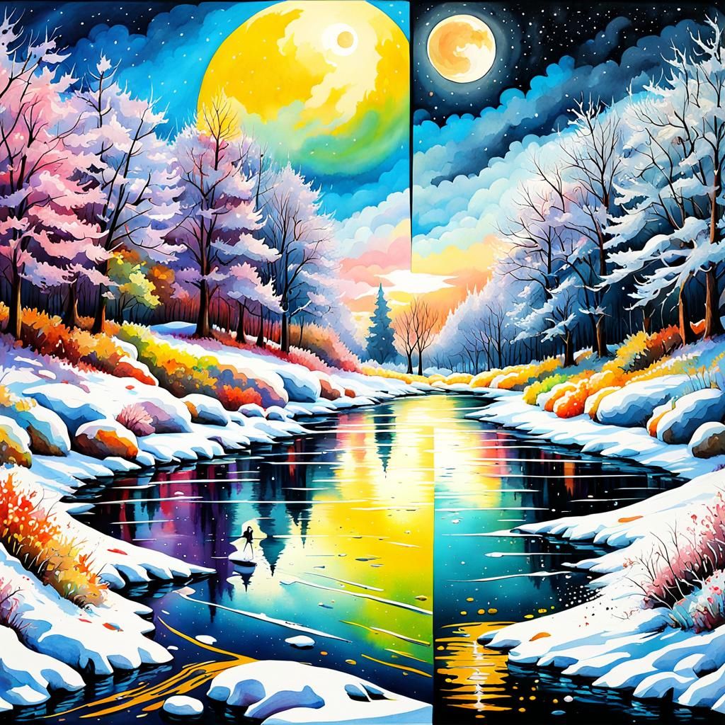 Split Landscape: Watercolors Meet Winter Graffiti Art