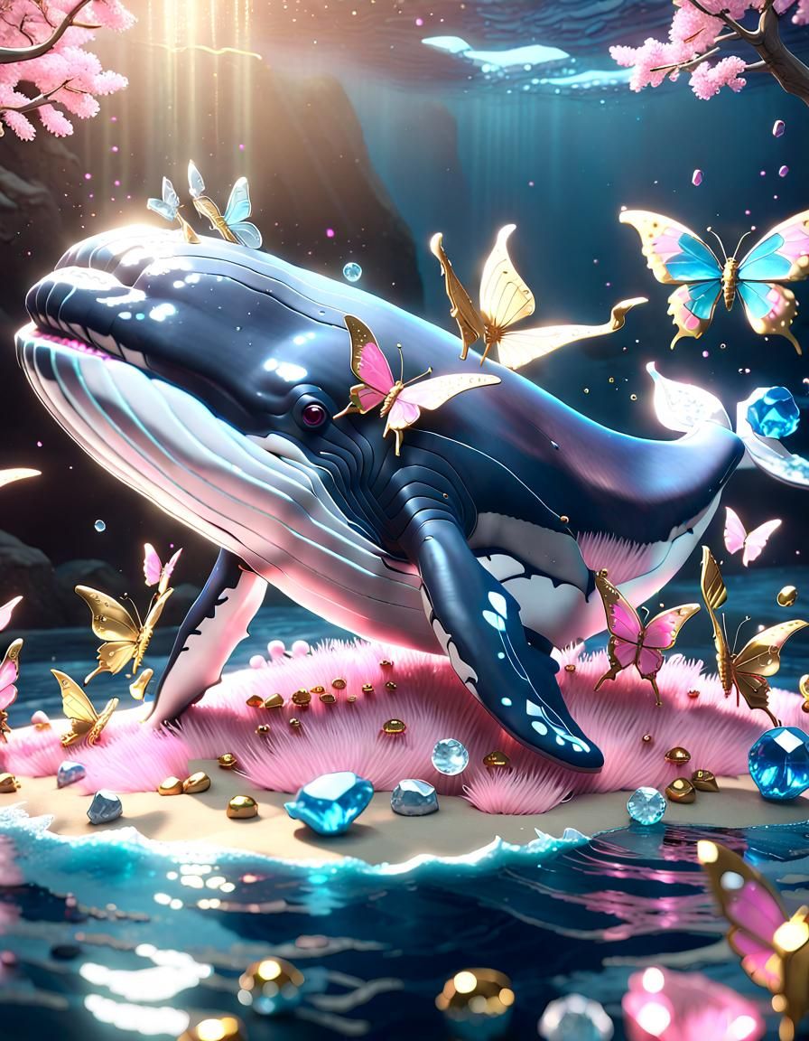 Crystalline Whale with Golden Butterflies in 3D Anime Style