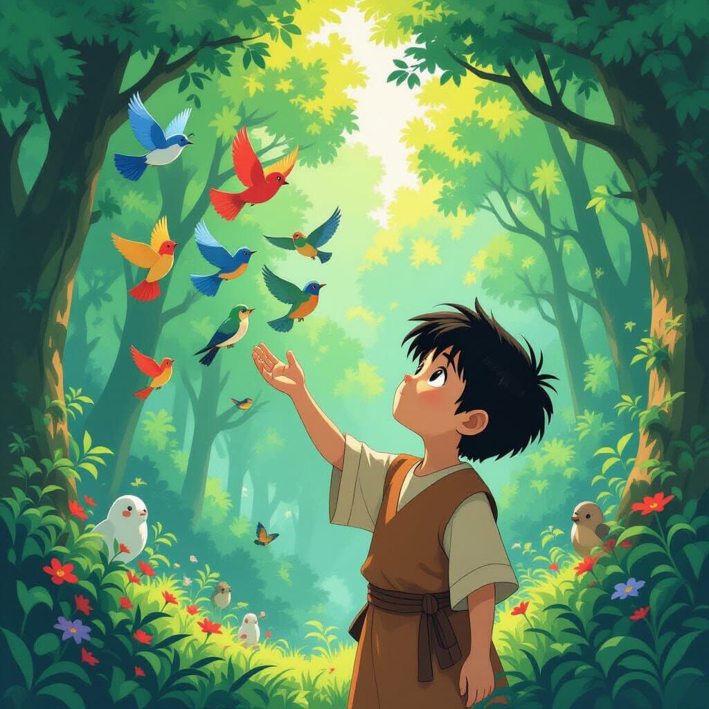 Boy Releases Birds in Whimsical Forest Scene