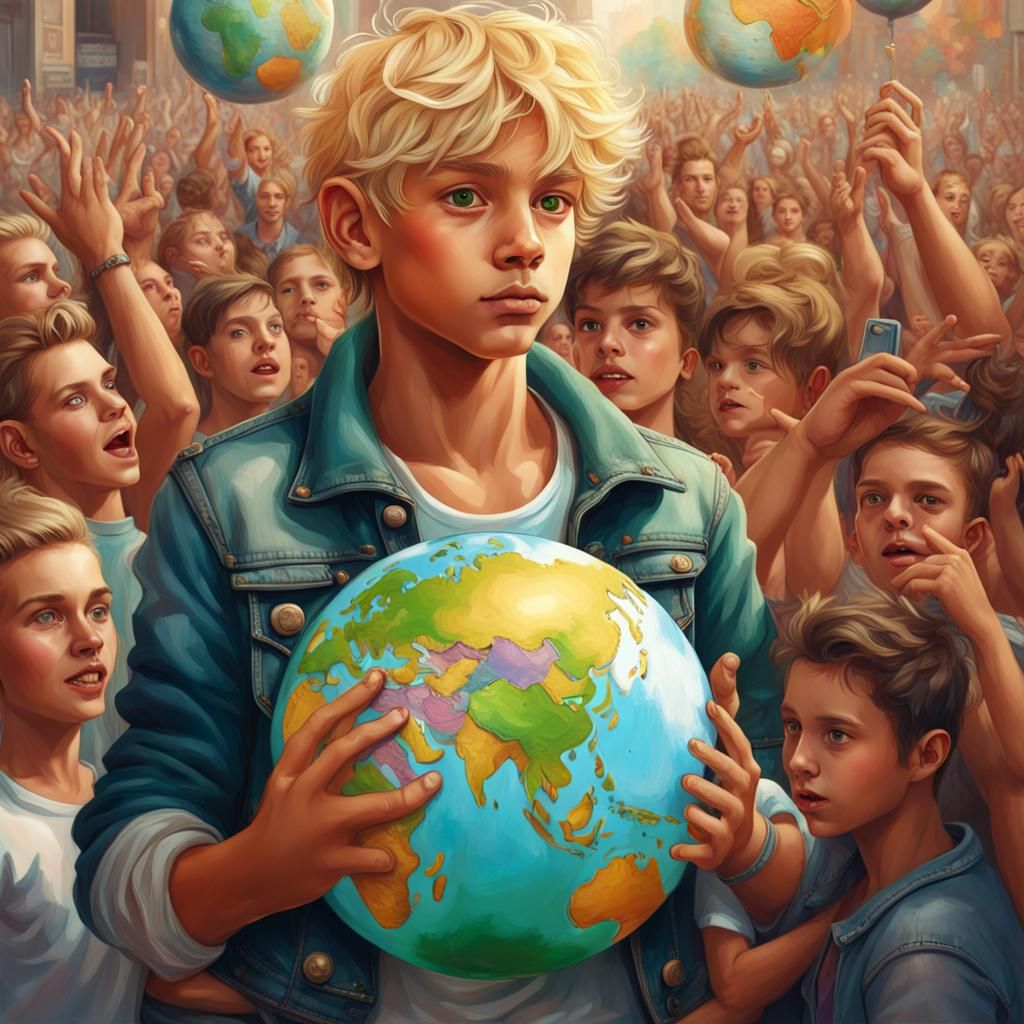 Boy with Globe surrounded by Fans: Hyperrealistic Art