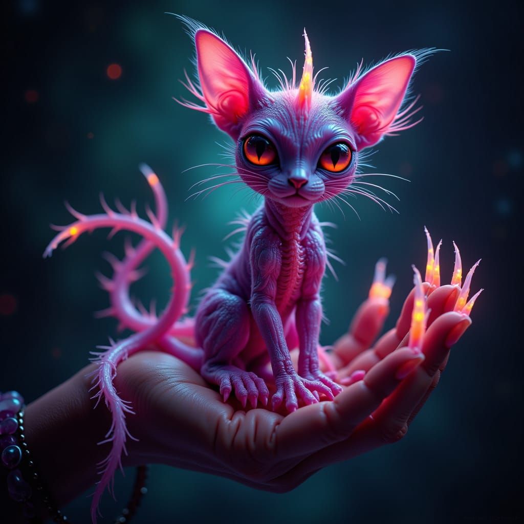 Neon Alien Cat Centaur in Eerie Hand