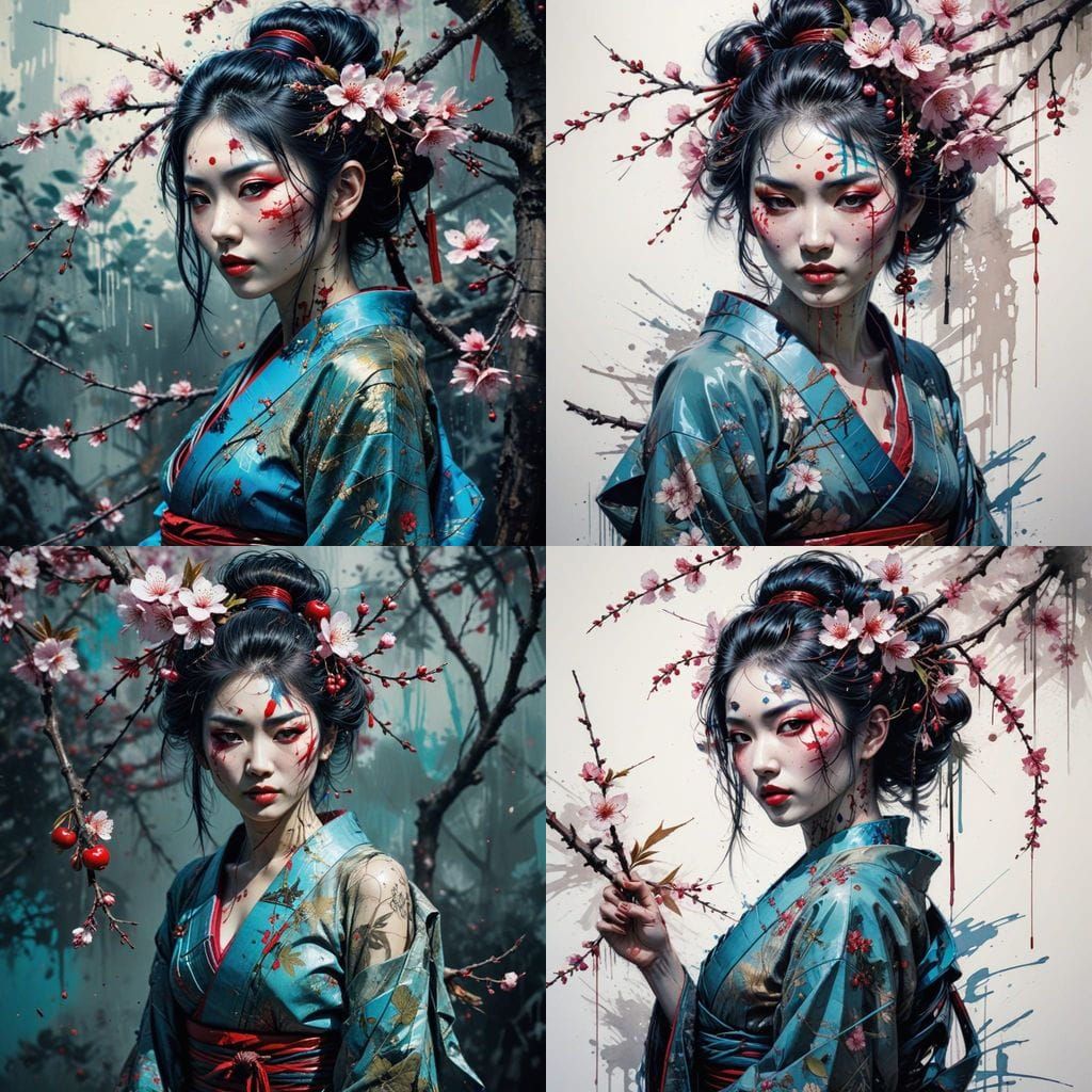 Surreal Cherry Blossom Geisha Emerges from a Tree