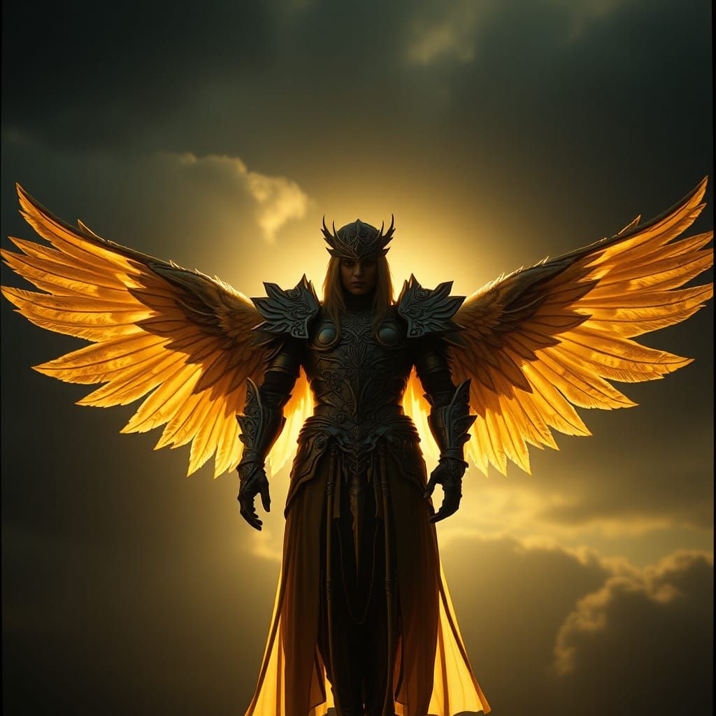 Ethereal Winged Figure in Ornate Armor