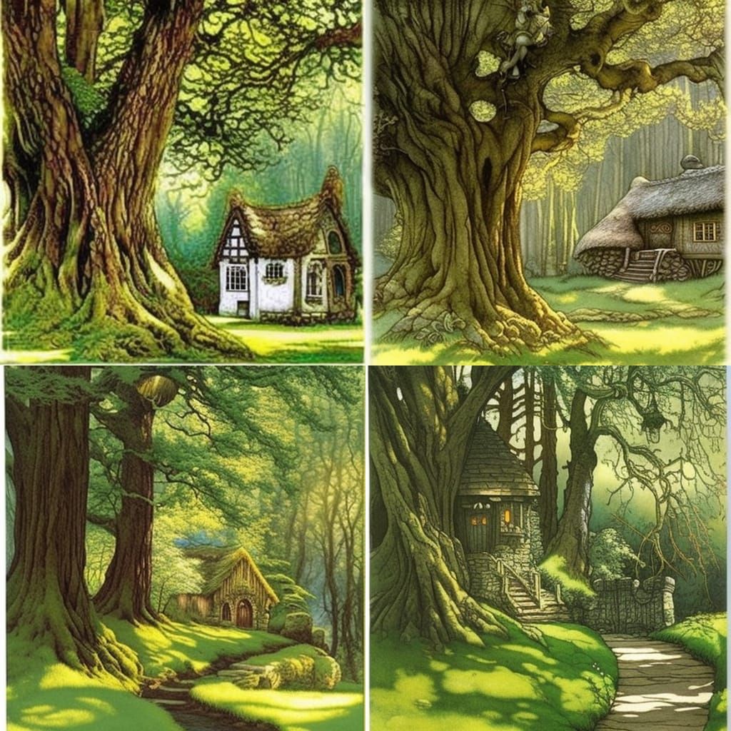 Fairytale Cottage in Dark Forest, Fantasy Illustration