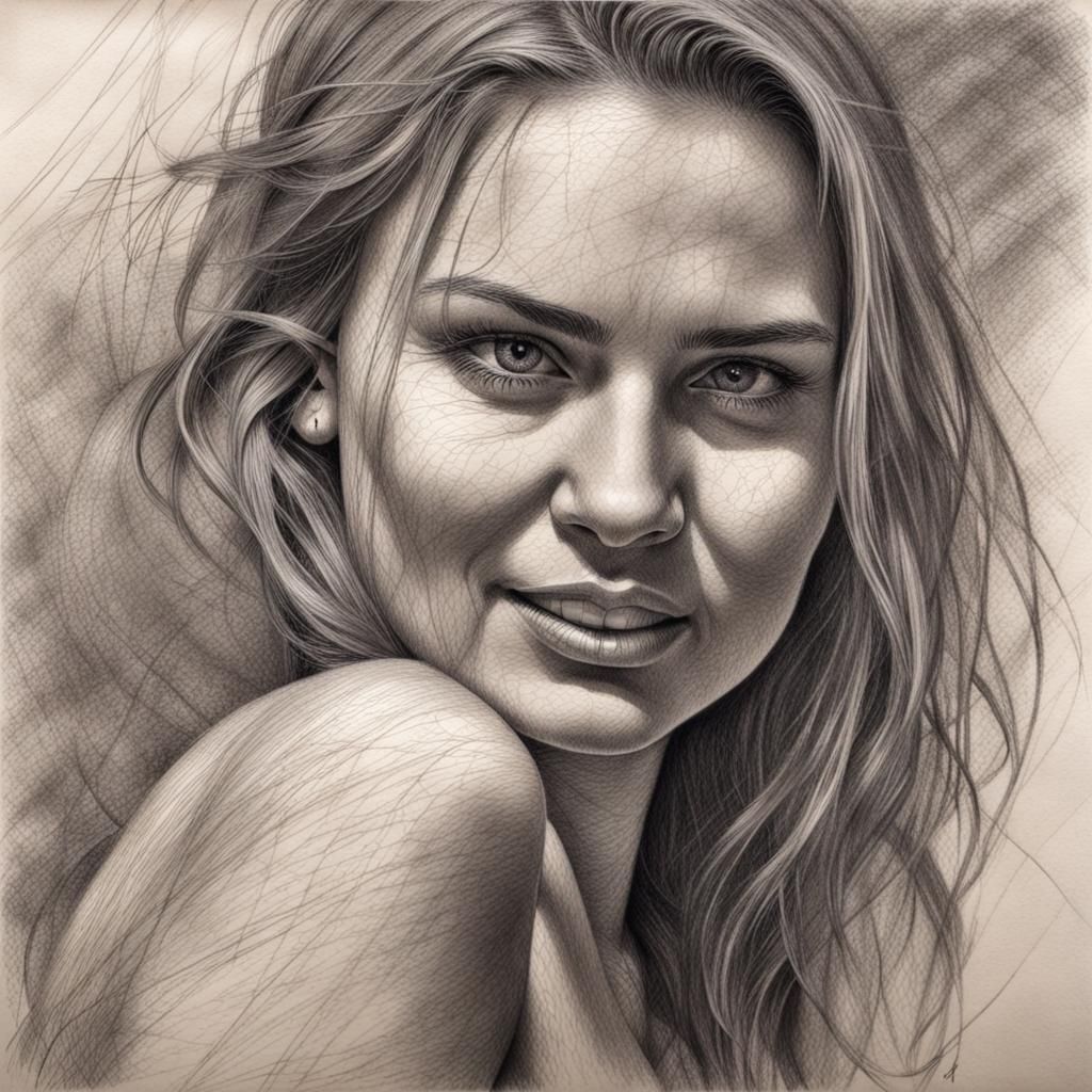 ballpoint pen drawing: beautiful Scandinavian woman, with a slight smile, in a provocative pose, splashing, scraping, on...