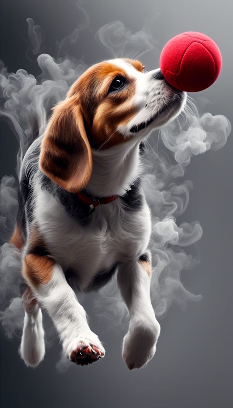 Gray Beagle Puppy Playing with Red Ball