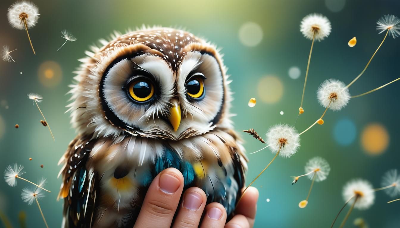 Dandelion Owl on Finger: Surreal Miniature Close-Up