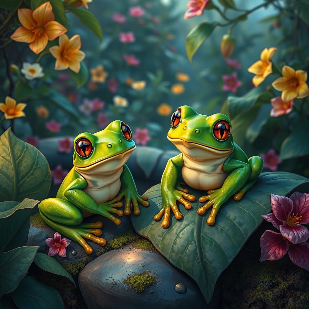 Whimsical Garden Frogs in Golden Light