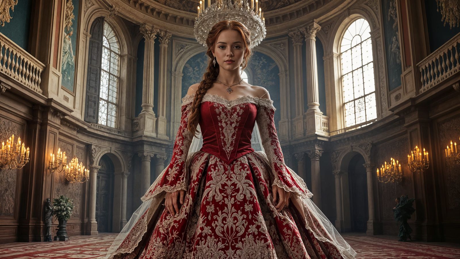 Regal Queen in Lace Gown in Royal Palace