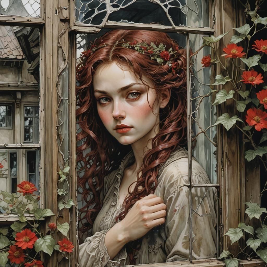 Woman Behind Window with Dark Flowers as Matte Painting