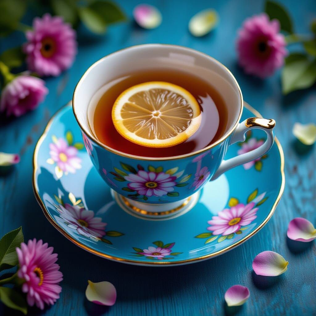 Blue Teacup with Lemon Slice Still Life