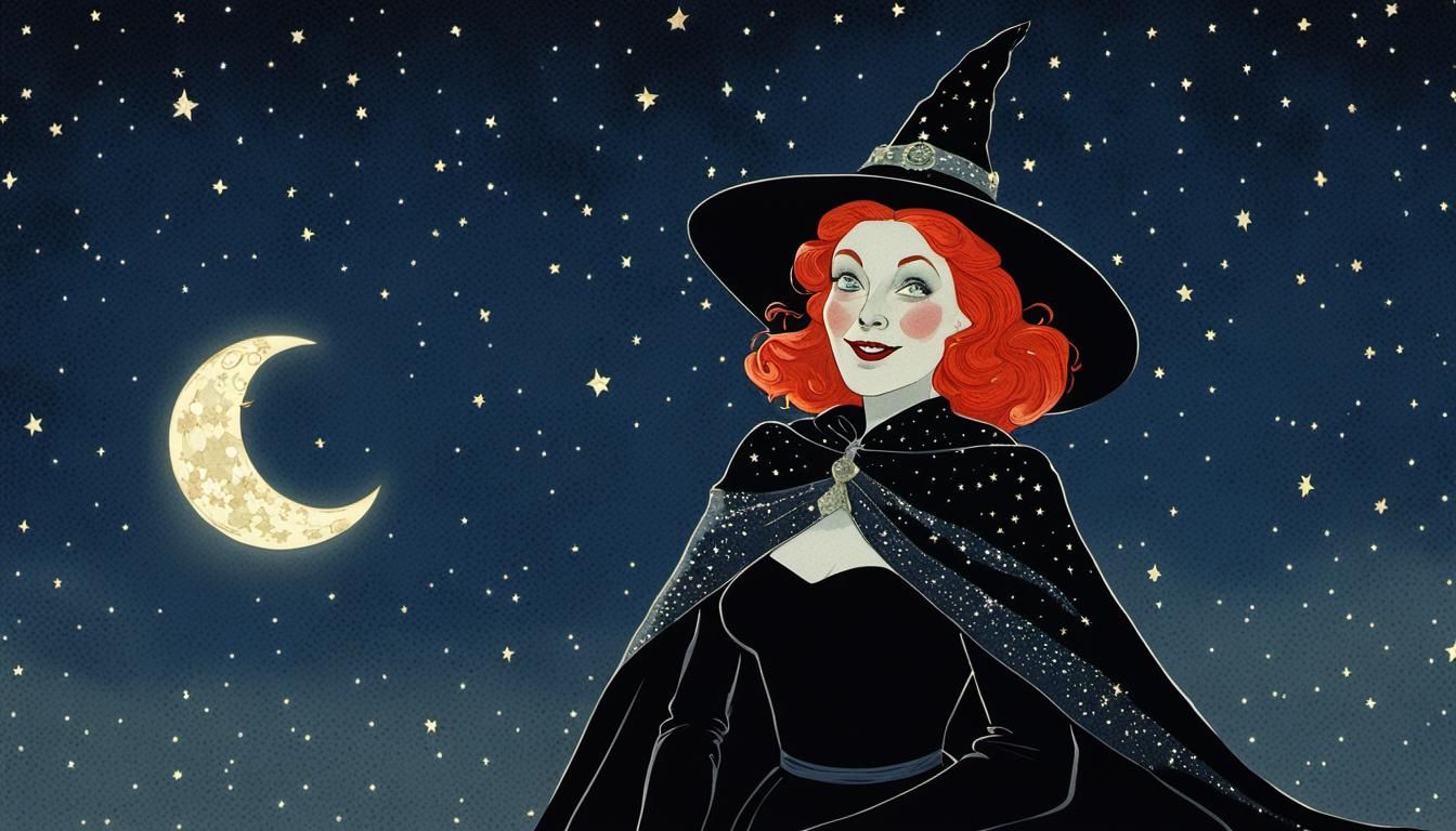 Red-Haired Witch in Starry Night, Chiaroscuro Lighting