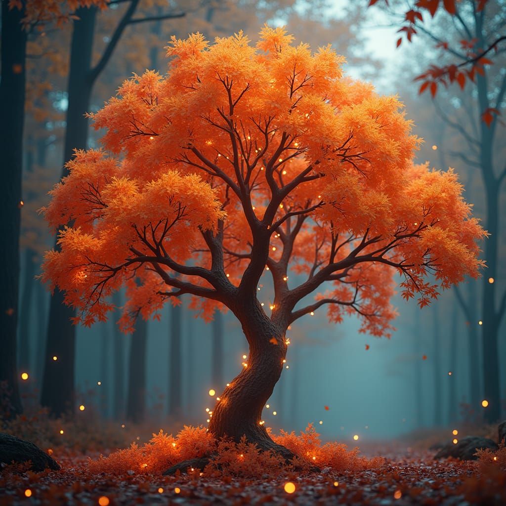 Enchanted Autumn Tree in Magical Forest: High-Fantasy Art