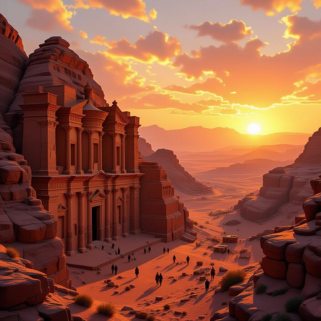 Petra, Jordan, at Sunrise with Rock-Cut Architecture