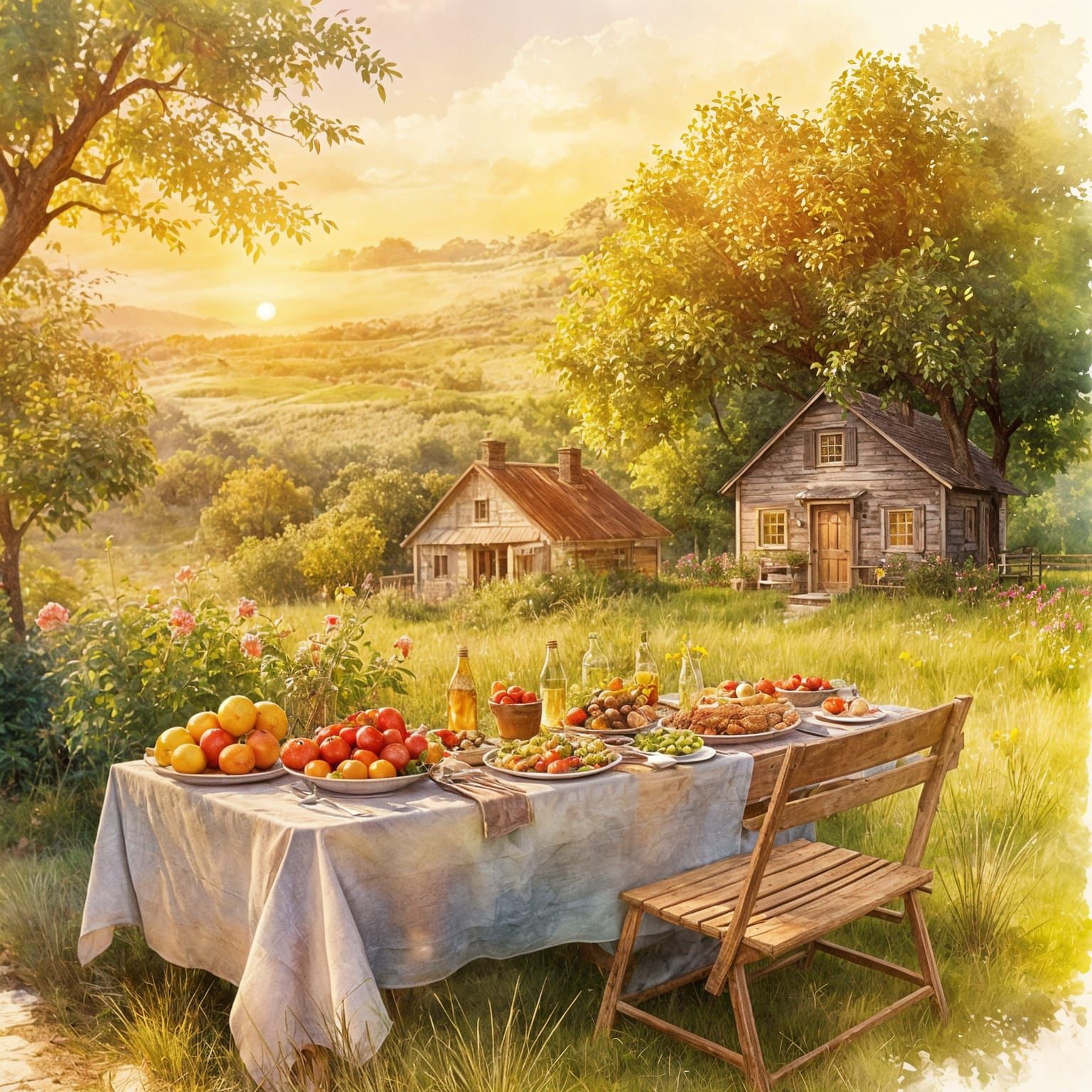 Serene Summer Countryside Picnic in Watercolor