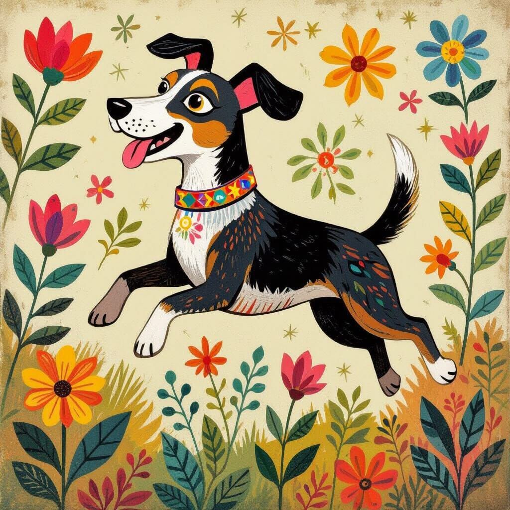 Folk Art Dog Jumps Amidst Abstract Botanicals